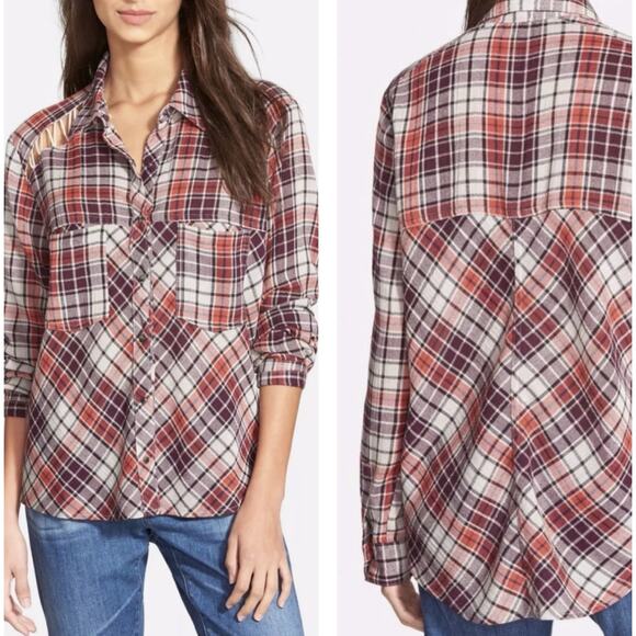 Free People Plaid Tunic Button Down Shirt Medium Stitch Detail Ash Combo Western - Picture 1 of 12